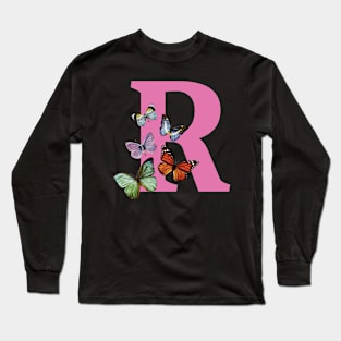 Letter pink R with colorful butterflies Long Sleeve T-Shirt